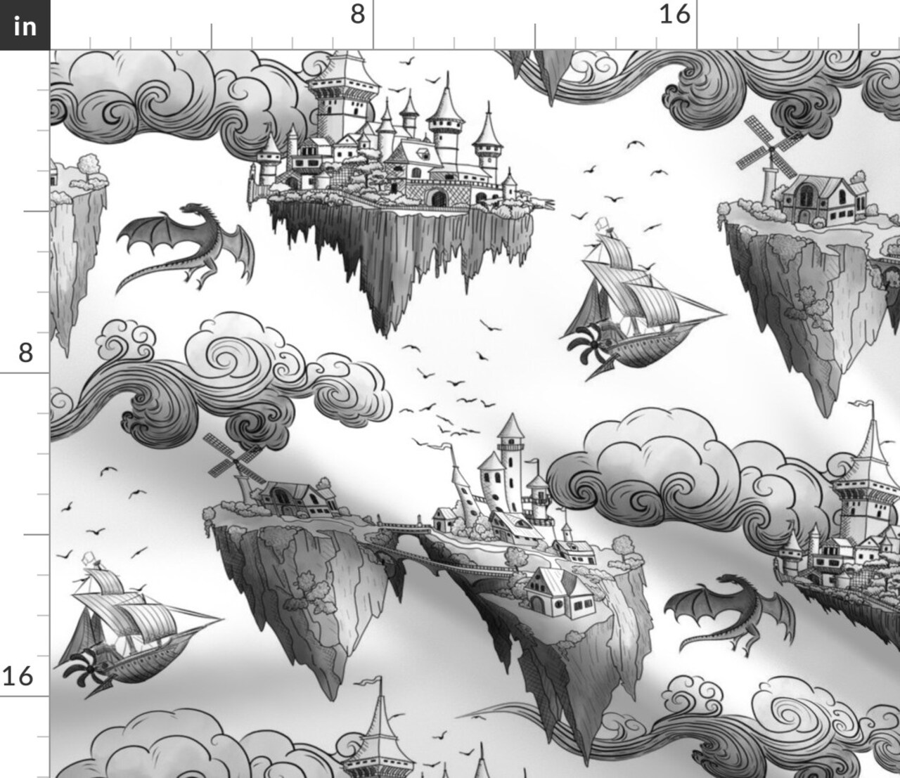 Toile Dragons Castle Island Fantasy Monochrome Illustration Black And White Custom Printed Fabric by Spoonflower Various Fabrics by the Yard or Fat Quarter